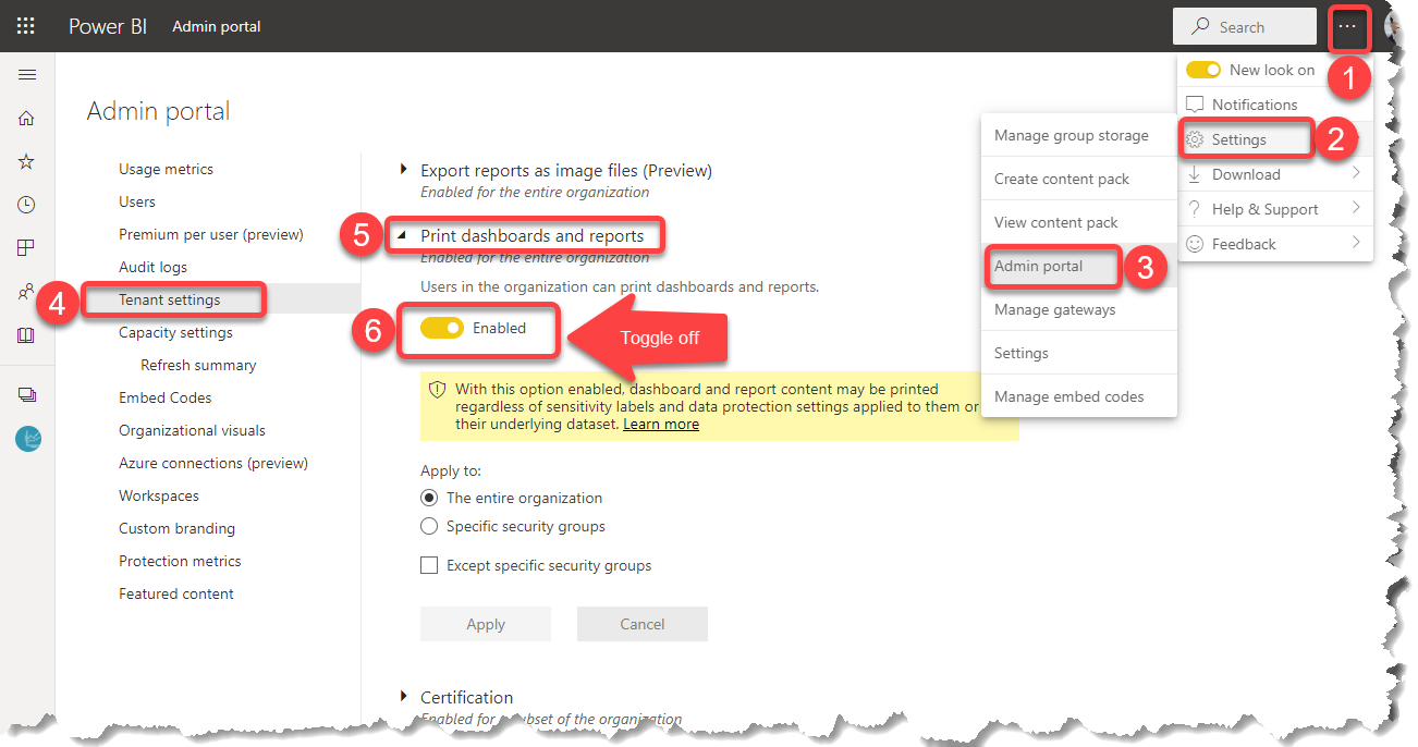 Enable or disable print dashboards and reports capability in Power BI
