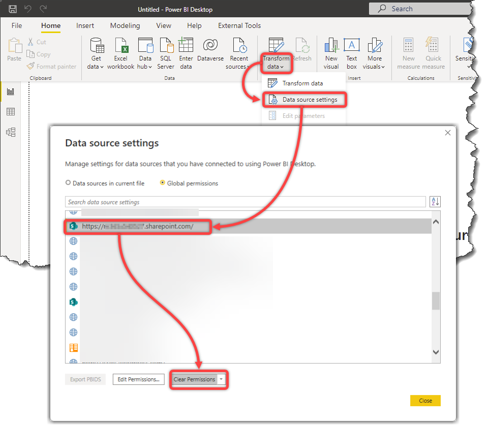 Clearing Permission on Data Source Settings in Power BI Desktop