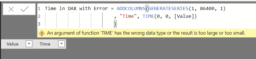An argument of function 'TIME' has the wrong data type or the result is too large or too small.