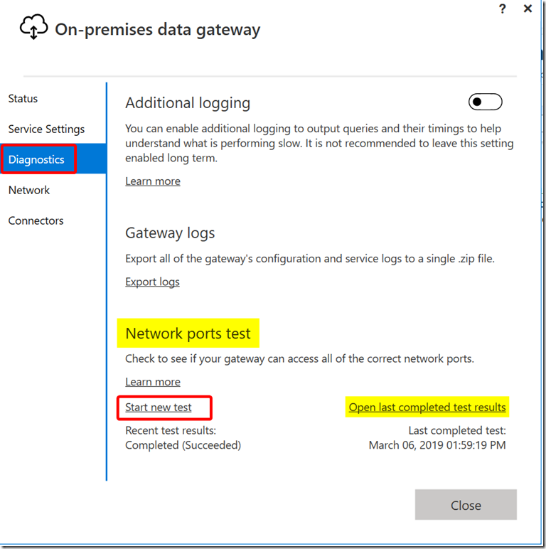 Network Ports Test in On-premises Data Gateway