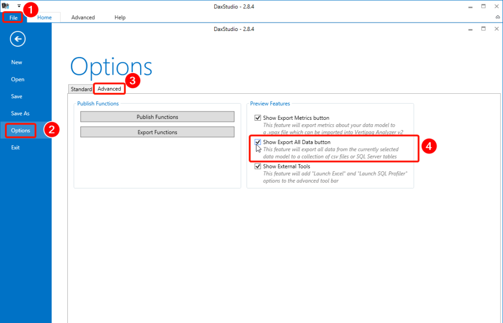 DAX Studio Export Power BI Model Data Settings