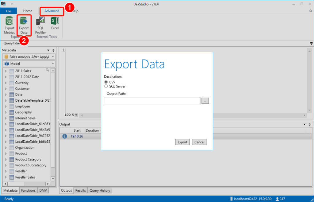 DAX Studio Export Power BI Model Data to CSV