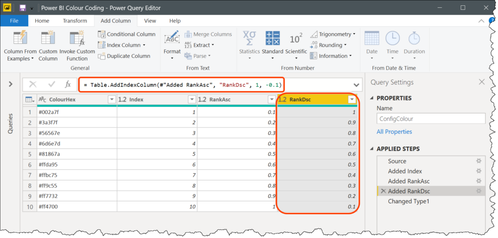 Using Table.AddIndexColumn function in Power Query with descending decimal values