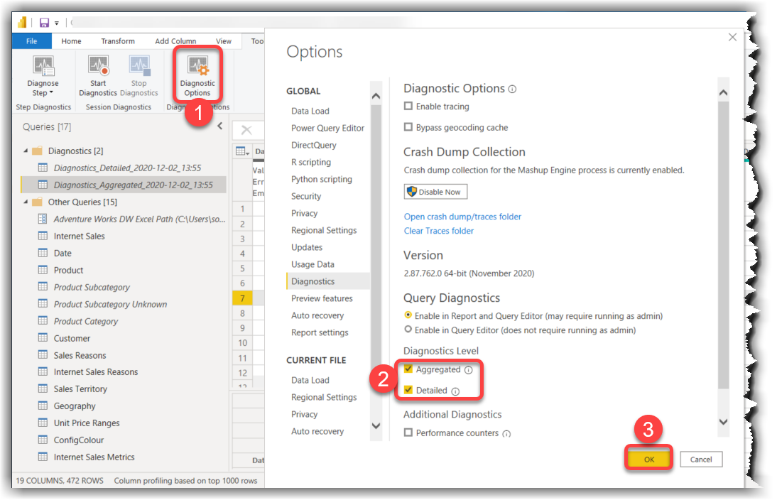 Power BI Diagnostics Options